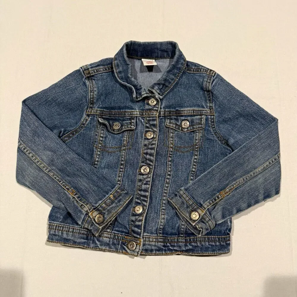 Arizona Jeans Girls Blue Denim Jacket 6 Button Front Pockets Short Long Sleeve